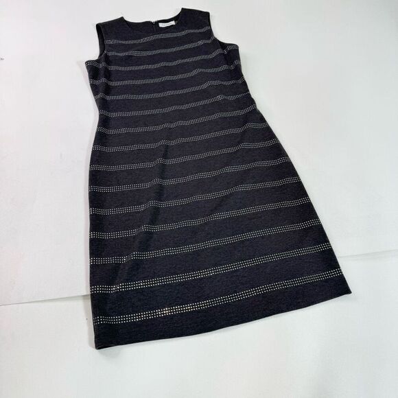 Calvin Klein Dress Womens 6 Black Striped Sleeveless Crew-Neck Mini Shift Career - Picture 1 of 10